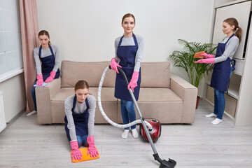 A young girl does the cleaning at home. All household cleaning chores.