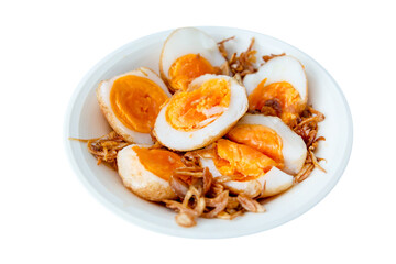 Top view of Sweet and sour eggs on white background