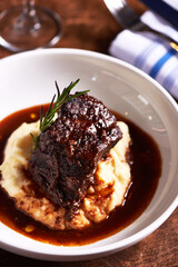 Braised Short Ribs and Mashed Potatoes in White Dish