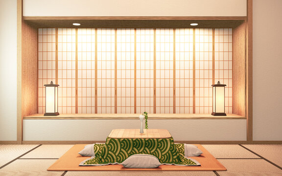 kotatsu low table and pillow on tatami mat, room japan.3D rednering