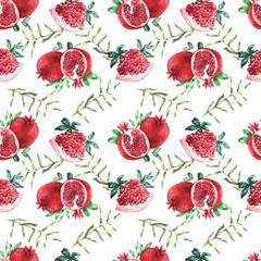 Seamless pattern pomegranates on a white background. Hand drawn watercolor illustration. Sketch style, vintage, retro, realism. The color is red, burgundy, green. juicy fresh fruits, south, exotic.