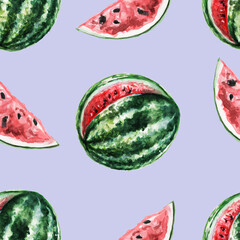Watermelons, melons, peaches set. Watercolor hand drawn illustration. Style is realism, retro, vintage, sketch. Fresh juicy fruits. Summer vegetable garden, garden. Print, textile