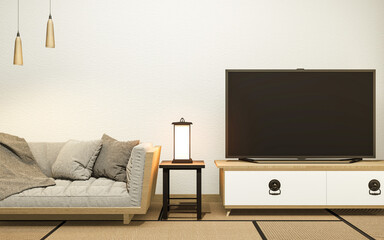 Interior with velvet sofa on empty white wall background japanese style, 3D rendering