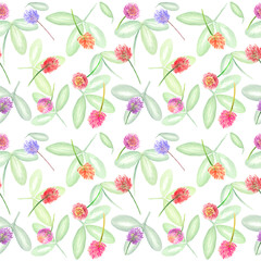 Watercolor colorful pattern with summer wild flowers and leaves. White background.