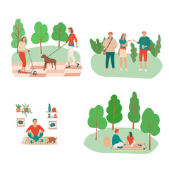 Set of people are in the house and Park, walking with a dog, riding a scooter, sitting in a clearing, doing yoga. Woman, man, students at home, in the Park. Flat cartoon colorful vector illustration