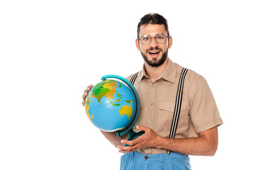 Cheerful nerd in eyeglasses and suspenders holding globe isolated on white