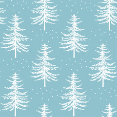 Obraz premium Christmas tree seamless pattern. Noel watercolor print, New year winter holiday decoration, blue christmas background with firs and white snow, wallpaper, wrapping paper design