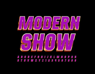 Obraz premium Vector entertainment flyer Modern Show. Purple and Gold glamour Font. Chic Alphabet Letters and Numbers