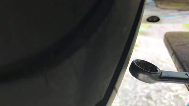 Motorcycle tire. Tire has runout while driving, view of deformation. Tire curve.