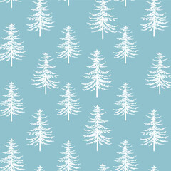 Obraz premium Christmas tree seamless pattern. Noel watercolor print, New year winter holiday decoration, blue christmas background with firs and white snow, wallpaper, wrapping paper design