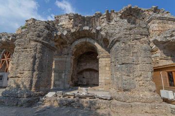 Fototapeta na wymiar Side, Turkey - 2020: Exterior Facade of Greek Amphitheater