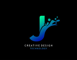 Letter J Water Splash Logo. Modern Techno Alphabetical Icon, Template Design.