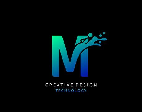 Letter M Water Splash Logo. Modern Techno Alphabetical Icon, Template Design.