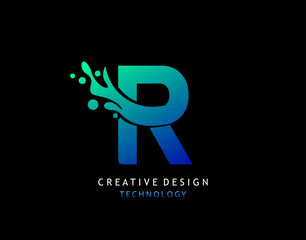 Letter R Water Splash Logo. Modern Techno Alphabetical Icon, Template Design.