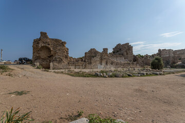 Side, Turkey columns, walls of the old fortress near STATE AGORA