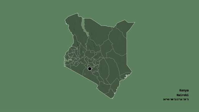 Narok, county of Kenya, with its capital, localized, outlined and zoomed with informative overlays on a administrative map in the Stereographic projection. Animation 3D