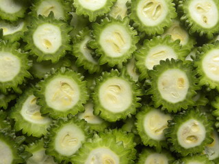 Green and white color sliced Bitter gourd