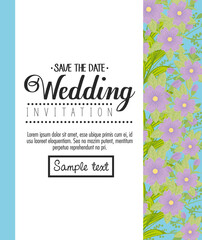 Wedding invitation with purple flowers and leaves design, Save the date and engagement theme Vector illustration