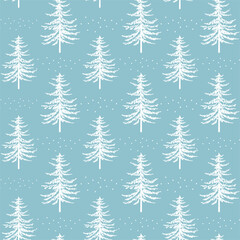 Christmas tree seamless pattern. Noel watercolor print, New year winter holiday decoration, blue christmas background with firs and white snow, wallpaper, wrapping paper design