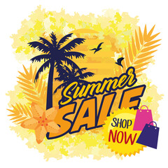 summer sale banner, season discount poster with tree palm and bags shopping, invitation for shopping with shop now label, special offer card vector illustration design