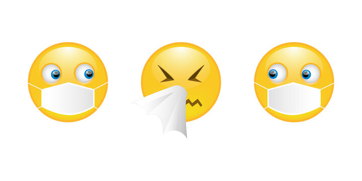Set of vector emoticons on a white background. Smileys in medical masks and a sneezing smiley with a handkerchief. You can use it for social advertising, print leaflets and booklets.