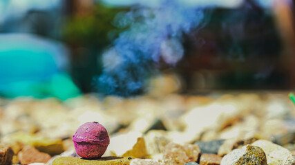 Celebration of a holiday with purple firework smoke bomb