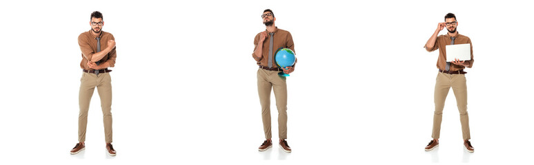 Collage of handsome teacher holding globe and laptop on white background