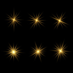 Set of bright Star. Yellow glowing light explodes on a transparent background.