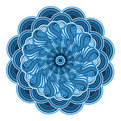 Ornamental mandala, blue color design. Isolated decorative element on white background. Vector illustration