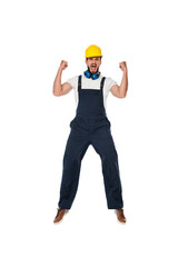 Excited builder in workwear and hardhat showing yes gesture isolated on white