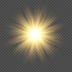Yellow sun with rays and glow on transparent like background. - obrazy, fototapety, plakaty