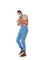 Scared nerd in eyeglasses and medical mask showing stop gesture isolated on white