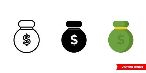 Money bag icon of 3 types. Isolated vector sign symbol.