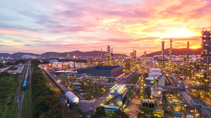 Aerial view Oil refinery.Industrial view at oil refinery plant form industry zone with sunrise and...