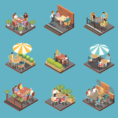 Street Cafe Terrace Isometric Icon Set