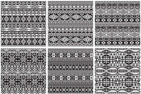 collection of 6 ethnic native American fabric in black and white  seamless patterns
