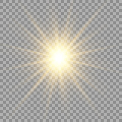 Yellow sun with rays and glow on transparent like background.