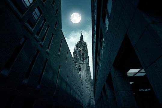 Germany, Frankfurt Cathedral or Frankfurter Dom in the Night with moon light in  Frankfurt am Main in Germany