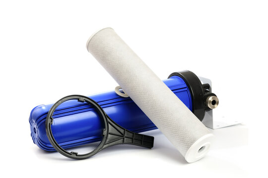 filter flask with replaceable cartridge carbon filter and key-  system for water treatment isolated  - Image