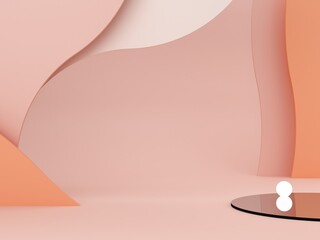 3d illustration. Minimal rendering scene with podium and abstract background. Geometric shapes. Cream, orange, yellow, pastel colors. Scene with curved background for cosmetic product.