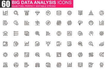 Big data analysis thin line icon set. Data processing outline pictograms for website and mobile app GUI. Digital analytics simple UI, UX vector icons. 48x48 pixel perfect linear pictogram pack. - obrazy, fototapety, plakaty