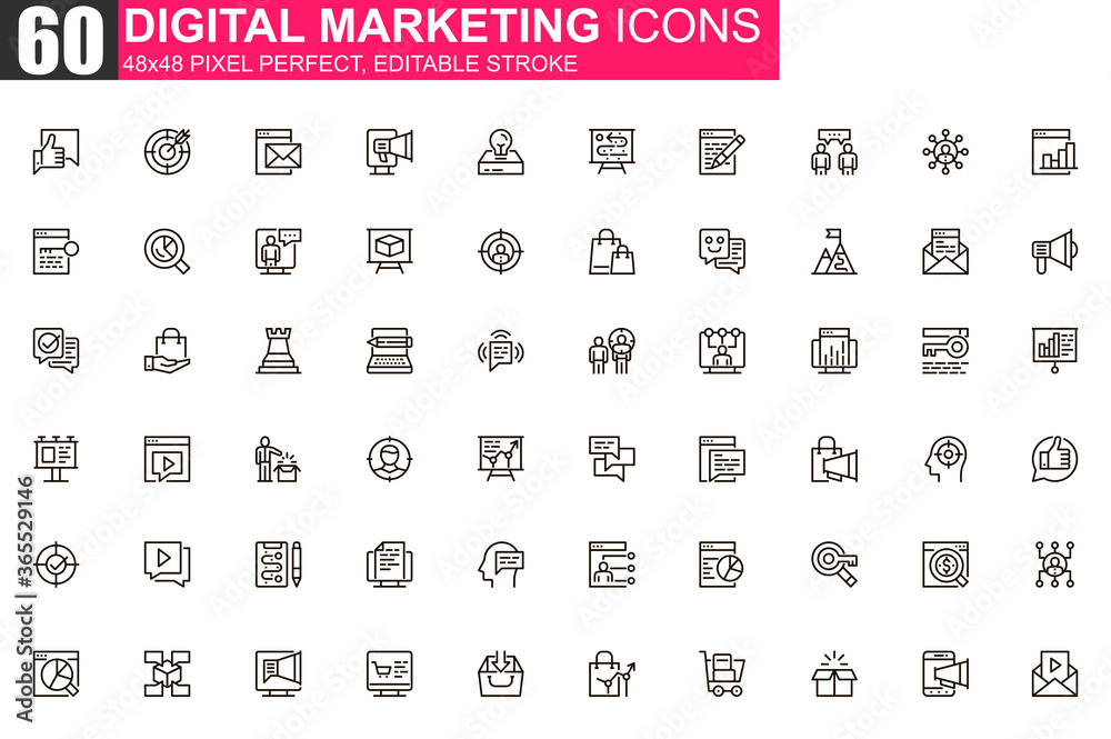 Fototapete Digital marketing thin line icon set. Marketing research and strategy outline pictograms for web or mobile app. Business analytics simple UI, UX vector icons. 48x48 pixel perfect linear pictogram pack