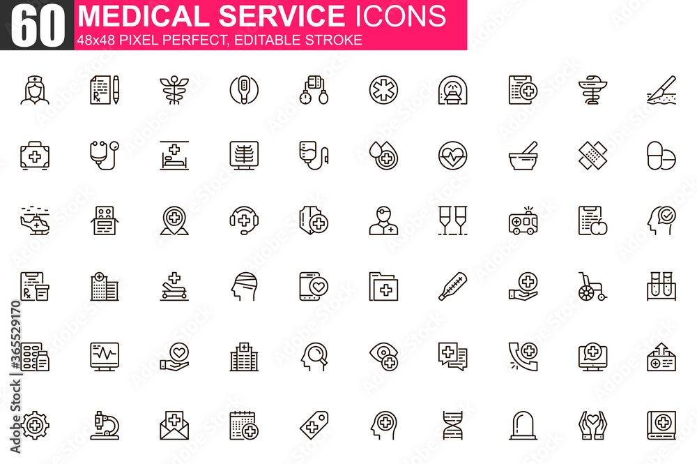 Aufkleber medical service thin line icon set. online consultation outline pictograms for website and mobile ap