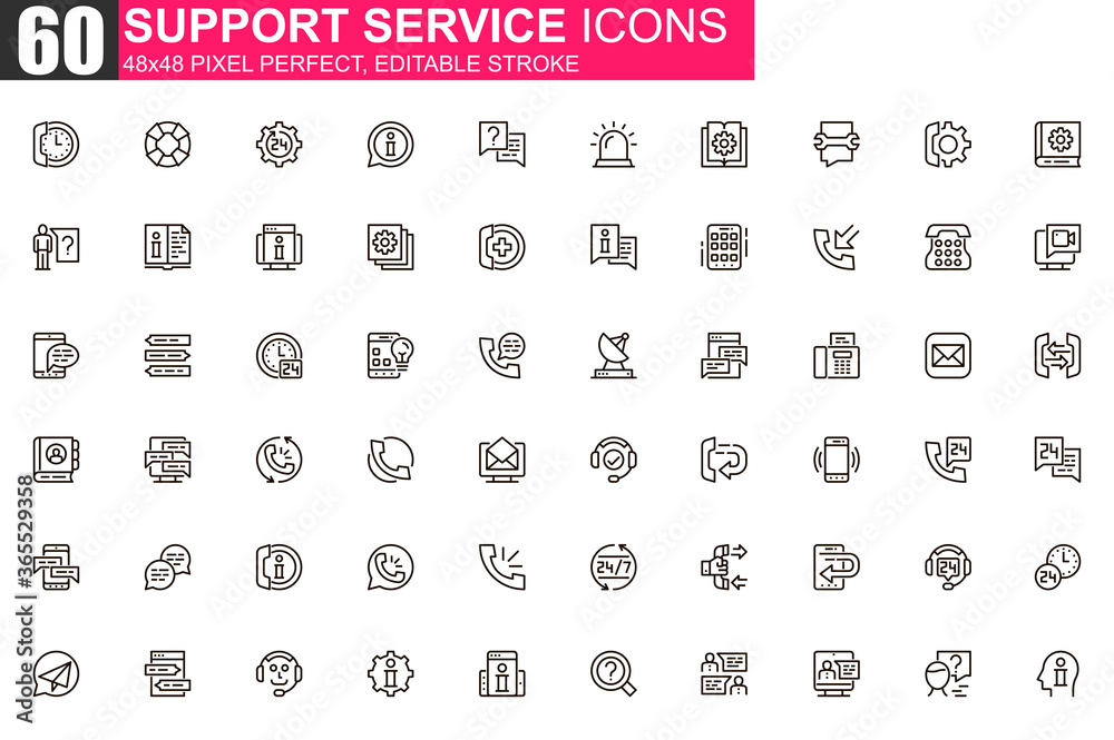 Poster Support service thin line icon set. Customer support, hotline consultation outline pictograms for web and mobile app. Call center simple UI, UX vector icons. 48x48 pixel perfect linear pictogram pack.