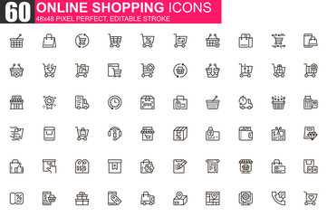 Online shopping thin line icon set. Internet marketplace outline pictograms for website and mobile app. Online order and delivery simple UI, UX vector icons. 48x48 pixel perfect linear pictogram pack.