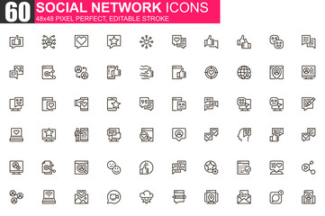 Social network thin line icon set. Online people communication outline pictograms for web and mobile app GUI. Messaging service simple UI, UX vector icons. 48x48 pixel perfect linear pictogram pack.
