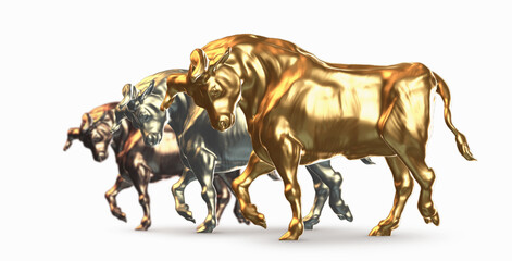 Ox statue, gold bull. Stock market consept, 3d render illustration, golden decoration.