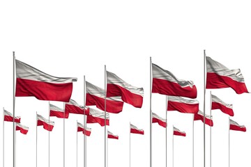 nice many Poland flags in a row isolated on white with free space for your content - any celebration flag 3d illustration..