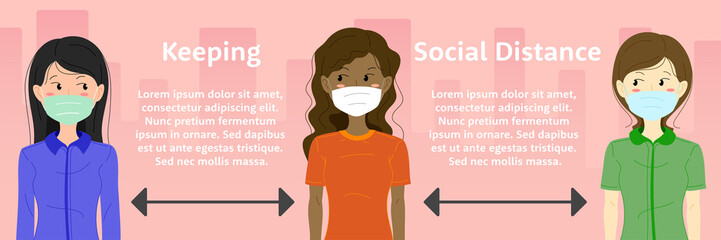 Vector COVID-19 virus epidemic protective concept infographic. Women wearing a surgical mask to prevent virus and keeping social distancing for infection risk and disease prevention. Space for text.
