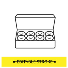 Donuts box icon. Big open cardboard pack of homemade pasty linear pictogram. Concept of tasty and fresh doughnuts, home baking, breakfast bagel and tasty food. Editable stroke vector illustration